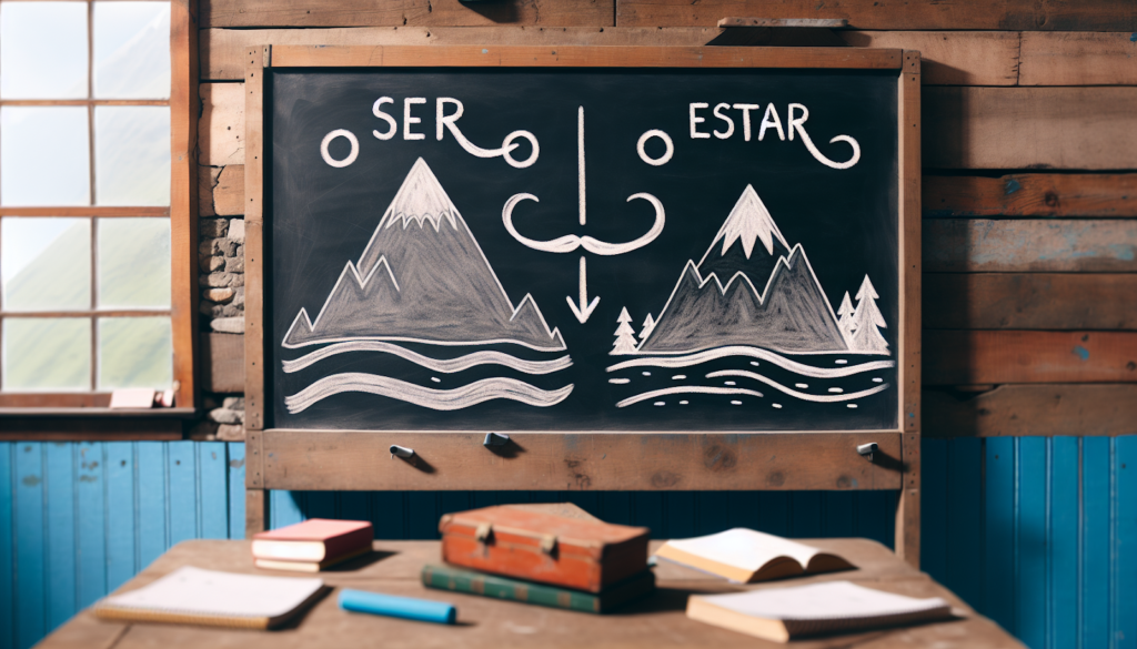 Ser vs Estar text on a blackboard with two mountains