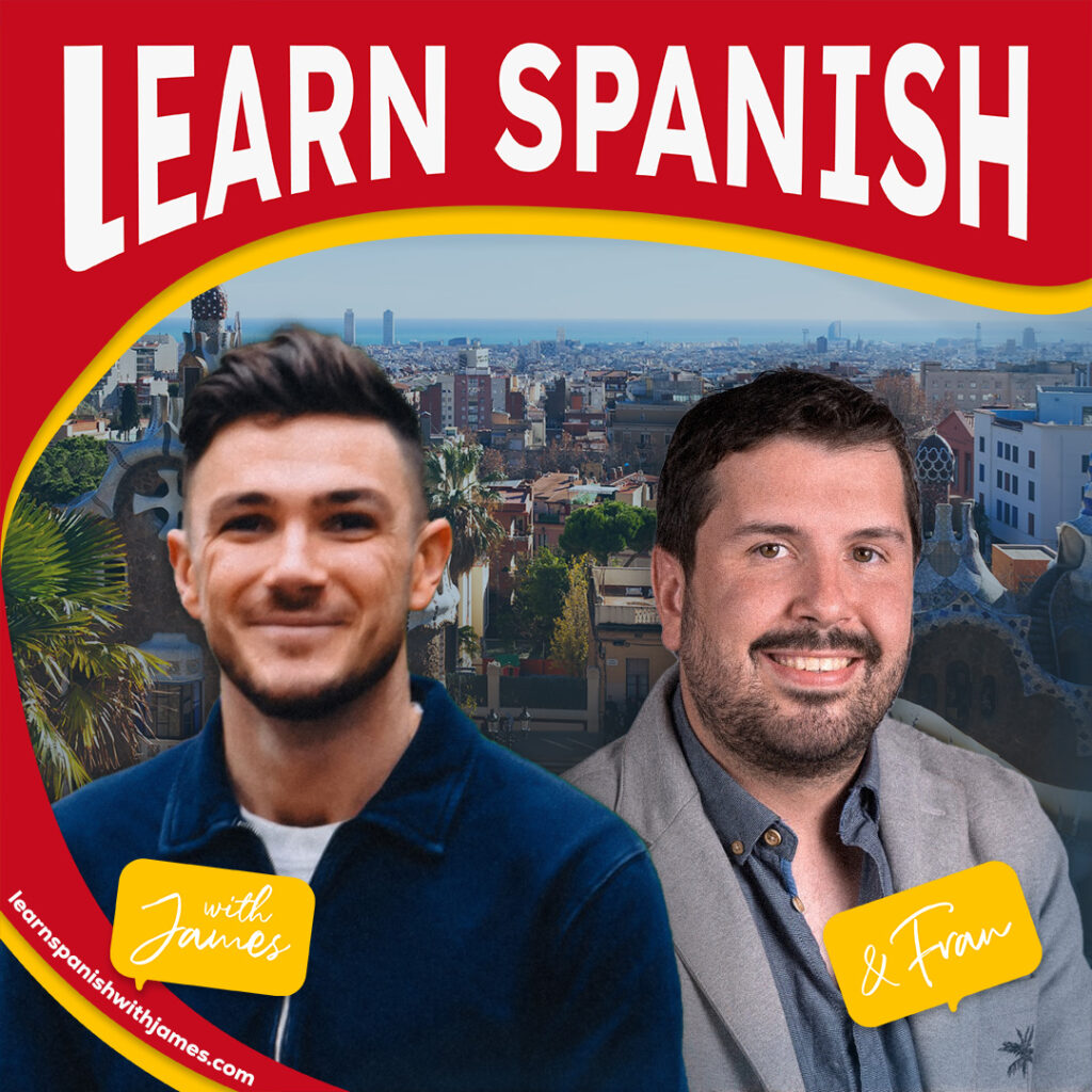 Learn Spanish With James logo in red with two men and city backdrop