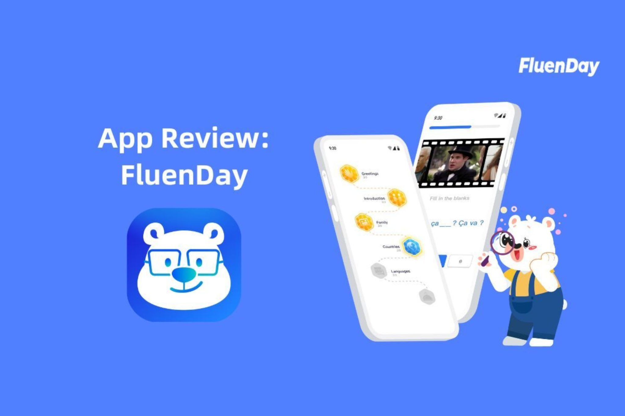 FluenDay App Review text on blue background